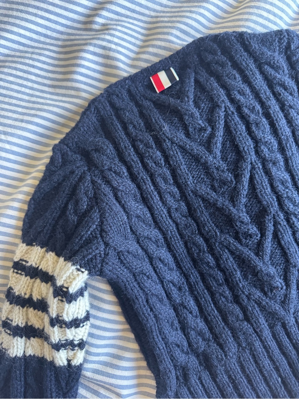 Thom Browne Navy Cable Knit Crewneck Sweater with Cream & Black Sleeve Detail - Picture 3 of 9